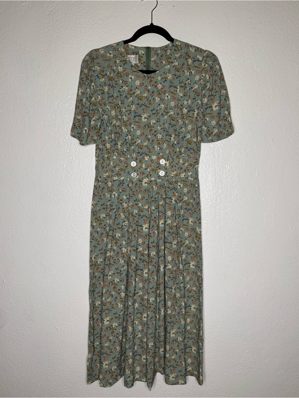 Vintage 90s Rayon Petite Sophisticate Mint Green Floral Midi Tea Dress Small